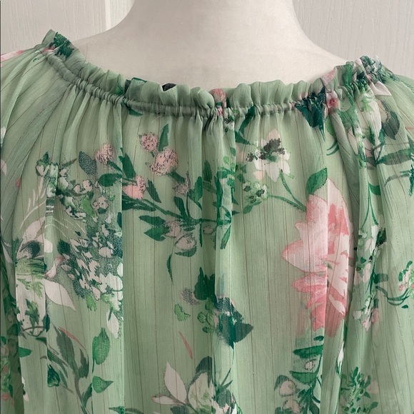 Zara Floral Sheer Blouse in Mint Green & Pink Ruffle Collar with Tie Flowy Fit - Picture 10 of 16